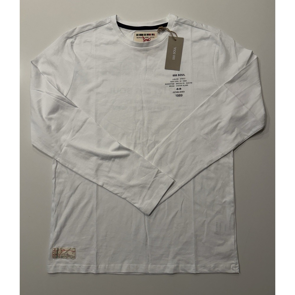 555 Soul Mens Long Sleeve Graphic T-Shirt White TMF225587 Cotton NYC Print